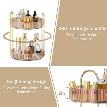 MOKANI 360 Rotating Makeup Organizer for Vanity, 2 Tier Adjustable Perfume Organizer for Dresser, Multi-Function Spinning Cosmetics Skincare Storage for Bedroom, Dresser, Countertop, Amber