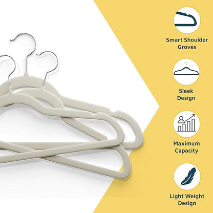 Lifemaster Velvet Non-Slip Hangers - 30 Pieces Non-slip Coat Hanger Set with 360° Swivel Hook, Space-Saving, Sleek Design, Keep Closet Organized, Smooth Velvet Finish, Lightweight Construction - Ivory