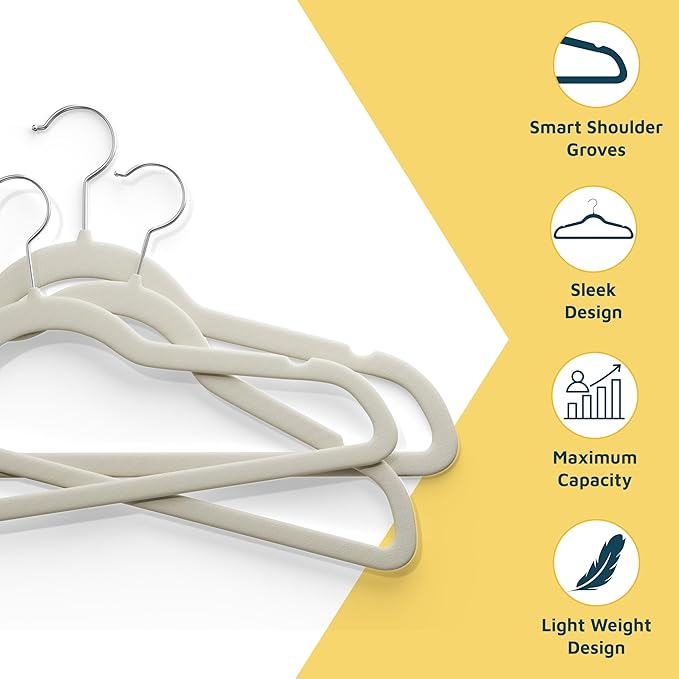 Lifemaster Velvet Non-Slip Hangers - 50 Pieces Non-slip Coat Hanger Set with 360° Swivel Hook, Space-Saving, Sleek Design, Keep Closet Organized, Smooth Velvet Finish, Lightweight Construction - Ivory