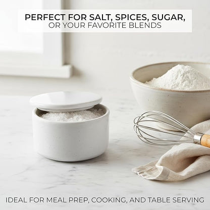 KIBAGA Beautiful Ceramic Salt Cellar with Lid - Spacious Container for Your Kitchen Countertop Keeps Salt Flakes Dry & Fresh - A Decorative Box/Holder For Any Kitchen