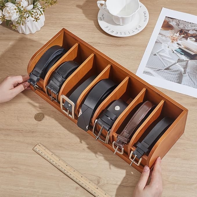 CUTHOLLOW Belt Organizer for Closet, 7 Compartments Wood Belt Storage Holder for Drawer, Bamboo Belt and Tie Box Organizer Display Case for Women Men