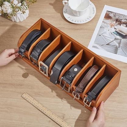 CUTHOLLOW Belt Organizer for Closet, 7 Compartments Wood Belt Storage Holder for Drawer, Bamboo Belt and Tie Box Organizer Display Case for Women Men
