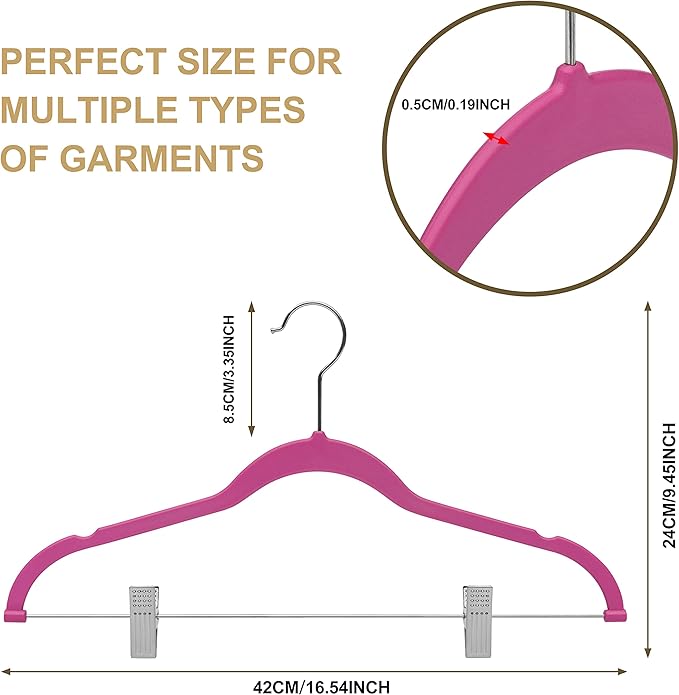Quality Plastic 20-Pack Non Velvet Non-Flocked Thin Compact Skirt/Pant Hangers with Metal Clips for Skirts Pants Blouses Coats 360° Swivel Hook (Pink, 20)