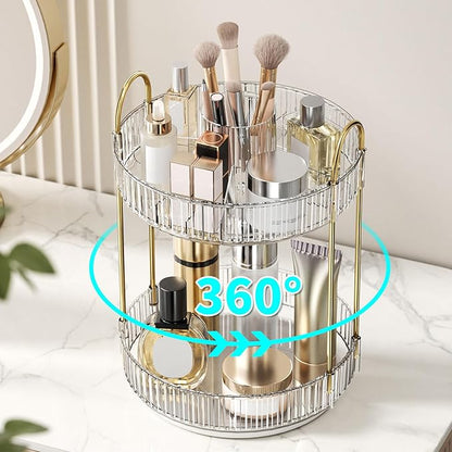 360° Rotating Makeup Organizer, Large-Capacity Skincare Make Up Storage 2 Tier Perfume Organizers Cosmetic Dresser Organizer with Makeup Brush Holder, Fits Bedroom, Bathroom, Vanity Shelf Countertop
