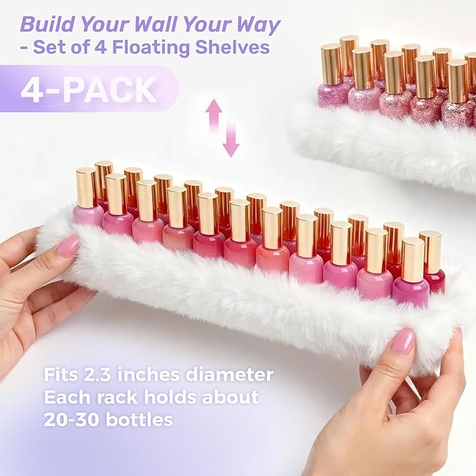 Care&More YJ 15 Inch Nail Polish Shelves, 4-Pack Fluffy Nail Polish Rack for Storing Nail Bottles, Sunglasses, Essential Oils, Plush Soft White