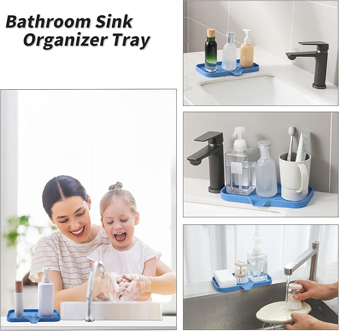 MicoYang Silicone Bathroom Soap Dishes with Drain Spout Bathroom and Kitchen Sink Organizer,Sponge Holder,Dish Soap Tray,Perfect for Dispenser,Scrubber,Bottle,Cup on Counter Lichen Blue 9.6"×5.3"