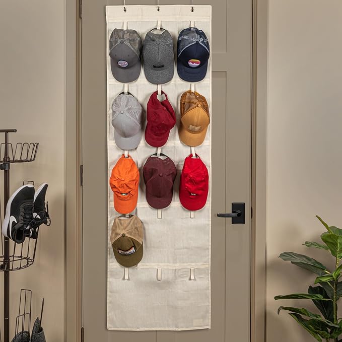 Household Essentials Over the Door Cotton Blend Cap and Hat Organizer with 15 Velcro Hangers, Natural