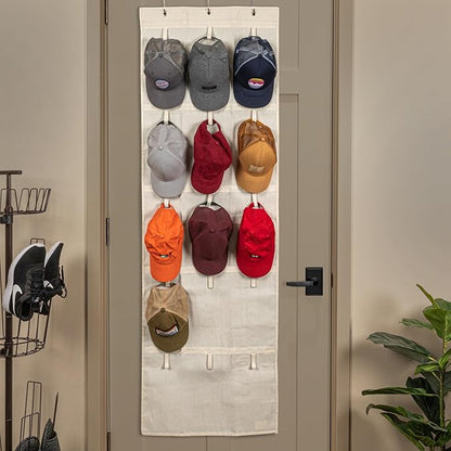 Household Essentials Over the Door Cotton Blend Cap and Hat Organizer with 15 Velcro Hangers, Natural