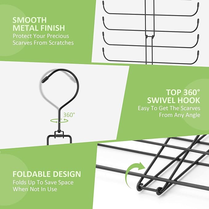 Scarf Hanger for Closet, 20 Large Capacity Scarf Organizer, Space Saving Scarf Holder Hijab Rack Closet Organizers and Storage, Black 1 Pack