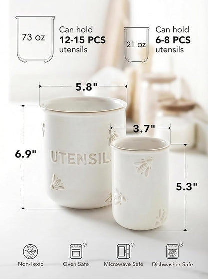 LE TAUCI Utensil Holder for Kitchen Counter - 6.9"+5.3" Ceramic Kitchen Utensil Holder Set of 2, Large Cooking Utensil Crock & Organizer for Spatula, Spoon - Embossed Kitchen Decor, White,Bee