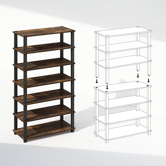 Furinno Turn-S-Tube Set of 2 Shoe Rack, 4-Tier Shoe Organizer, Shoe Storage with Multipurpose, 11.6 x 23.6 x 22.3, for Closet Entryway, Office, Garage, Amber Pine/Black
