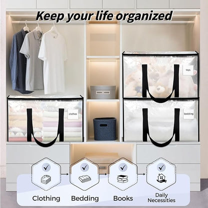 8 Pack Extra Large Heavy Duty Moving Bags, Clear Storage Bins with Lids, Reinforced Handles & Heavy-Duty Zippers Moving Boxes Storage Bags Totes for Clothes Packing, Dorms, College Supplies, Clear