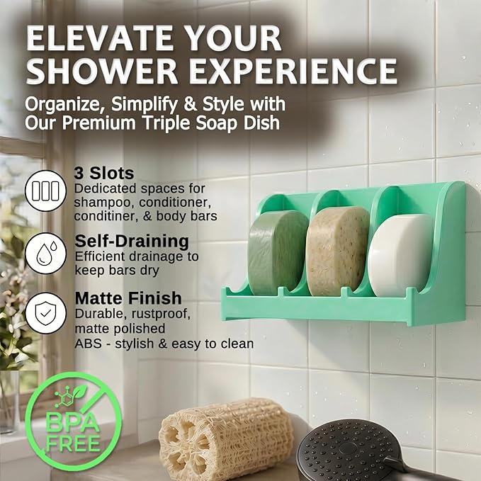 Soap Holder for Shower Wall, 3-Compartment Soap Dish for Shampoo, Conditioner and Body Soap, Fast Draining & Rust-Proof & Heavy Duty, Ultra-Strong Self Adhesive & Freestanding (Mint Green, No Label)