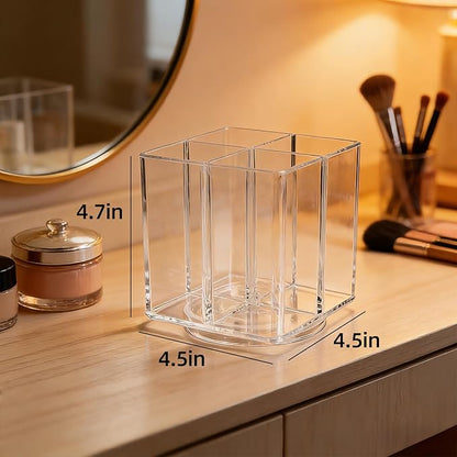 Acrylic Makeup Brush Holder, Clear Rotating Makeup Brush Holder Organizer with 4 Slots, Square Makeup Brush Cup for Vanity Desk Countertop Bathroom
