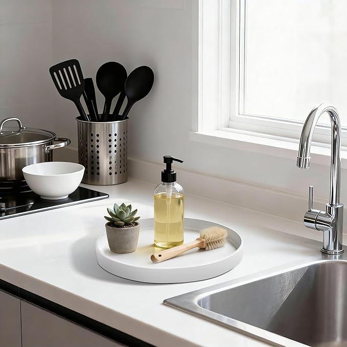 2 Pack 8" Bathroom and Vanity Tray, ABS Bathroom Counter Organizer, Coffee Table Decor for Perfume, Candles, Keys &More. Kitchen Countertop Organizer, Decorative Tray Soap Holder, White