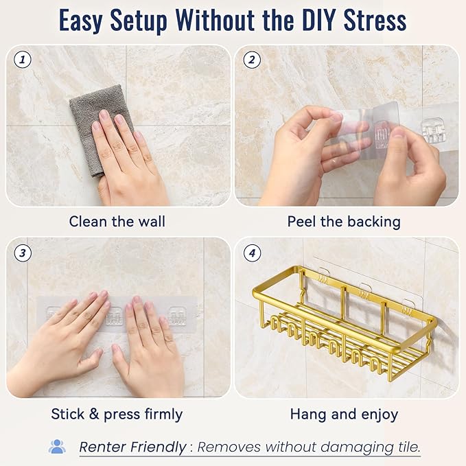 8 Pack Adhesive Rustproof Shower Caddy with Soap Dishes, Toothbrush Holder & Hooks, Large Capacity No-Drilling Shower Shelves Rack for Bathroom Organizers and Storage Accessories, Gold