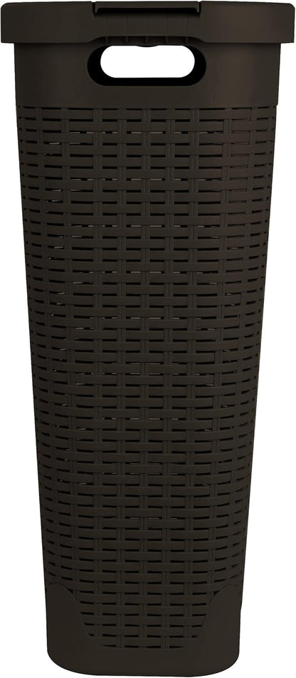 Mind Reader Slim Laundry Hamper with Lid, 40L Clothes Basket, Narrow Tapered Design with Ventilated Cutout Pattern, Plastic, Brown