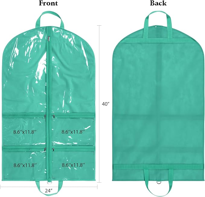 KEEGH Clear Garment Bags for Dance Costumes 40 inch Dance Garment Bags for Dancers Hanging Clothes for Closet Storage, with 4 Zipper Pockets for Dance Competitions, Ballet, Theatre, 6 Pack, Green