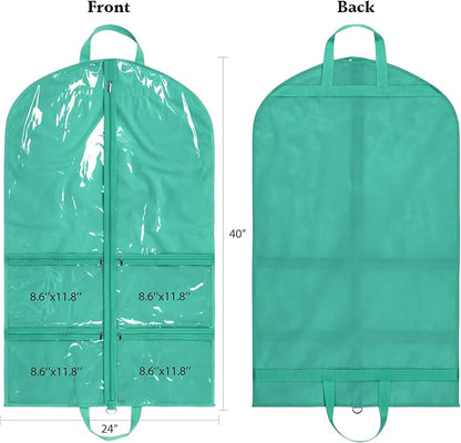 KEEGH Clear Garment Bags for Dance Costumes 40 inch Dance Garment Bags for Dancers Hanging Clothes for Closet Storage, with 4 Zipper Pockets for Dance Competitions, Ballet, Theatre, 6 Pack, Green