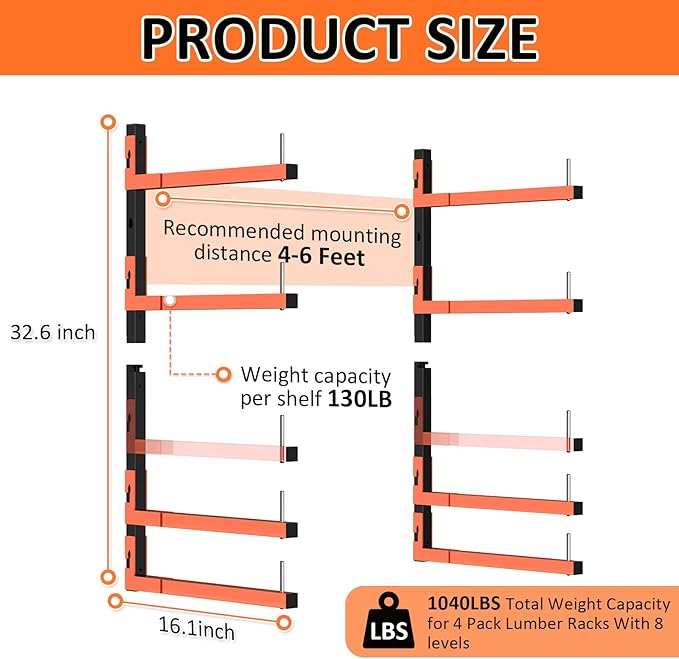 4 Pack Lumber Storage Rack, Wall Mount Removable & Adjustable Lumber Rack with 8-Level Holds Up 1040 Lbs, Heavy Duty Metal Garage Wood Rack for Workshop, Basement, Indoor and Outdoor