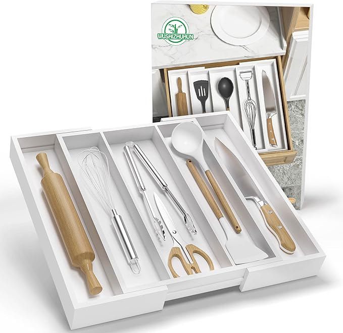 Utensil Organizer for Kitchen Drawers - Bamboo Silverware Tray Expandable 5 Slots Drawer Organizer for Office and Pantry Supplies W13.7-19.9" x L17.6 X H2.5 (White)