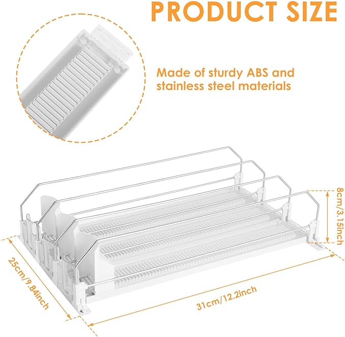 Drink Organizer for Fridge, Self-Sliding Soda Can Dispenser for Refrigerator, Width Adjustable Beverage Pusher Glide, 3 Rows Can Organizer with 12oz 16oz 20oz Soda Dispenser (White, 31CM3 Row)