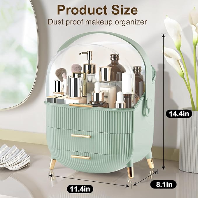 Makeup Organizer for Vanity, Large Capacity Skincare Cosmetic Organizer Countertop with 2 Drawers, Cosmetic Display Cases Makeup Storage Box for Bedroom, Bathroom, Ideal Gifts for Women(Green)