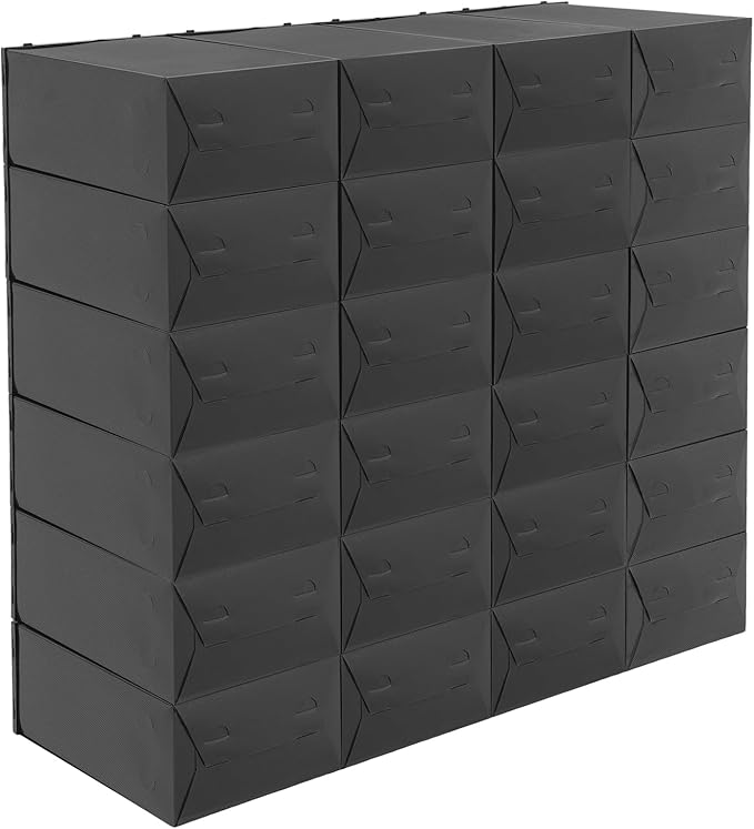 24Pcs Stackable Shoe Storage Boxes with Clear Doors - Foldable Shoe Organizer for Closet Cabinet, Black/White/Green Options for Sneakers Boots Home Organization (Black)