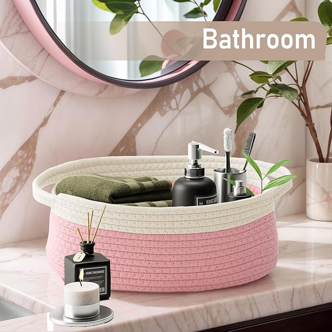 JMvicyroam Woven Basket,Small Rope Storage Bin with Handles & Ribbon Bag, Organizer for Shelves Closets,Gift Basket Empty for Birthday,Books,Dog Toys, White&Pink/2 Pack