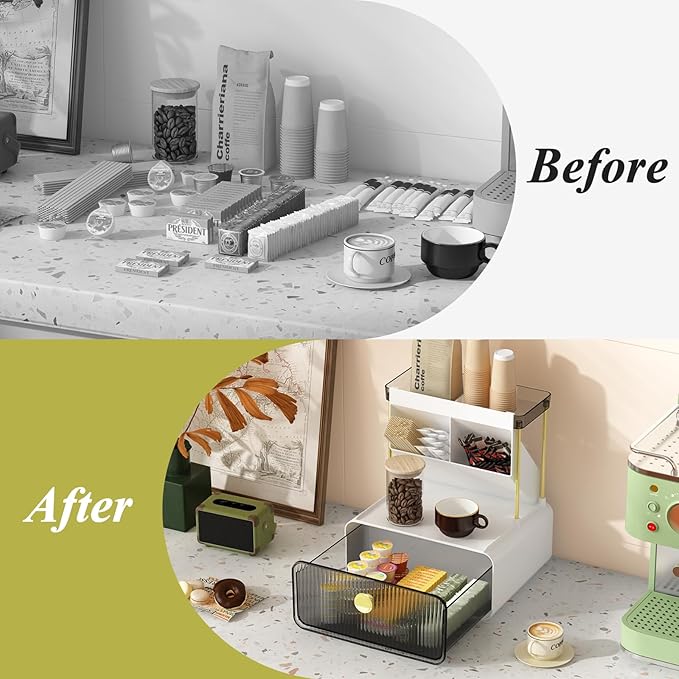 FOLLOWIN Bathroom Counter Organizers and Storage with Drawer, Cosmetic Organizer with Make Up Brush Holder, Perfume Makeup Shelf, 3-Tier Vanity Storage, Smoky Gray