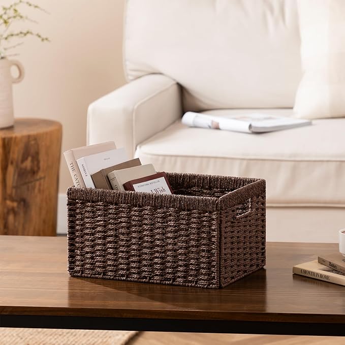joybest Wicker Storage Baskets, 2pack Hand-Woven Paper Rope Wicker Baskets for Organizing, Foldable Rectangular Storage Organizer Bins for Shelves with Built-in Handles 13.4L x 8.3W x 7.1H, Dark Brown
