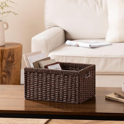 joybest Wicker Storage Baskets, 2pack Hand-Woven Paper Rope Wicker Baskets for Organizing, Foldable Rectangular Storage Organizer Bins for Shelves with Built-in Handles 13.4L x 8.3W x 7.1H, Dark Brown