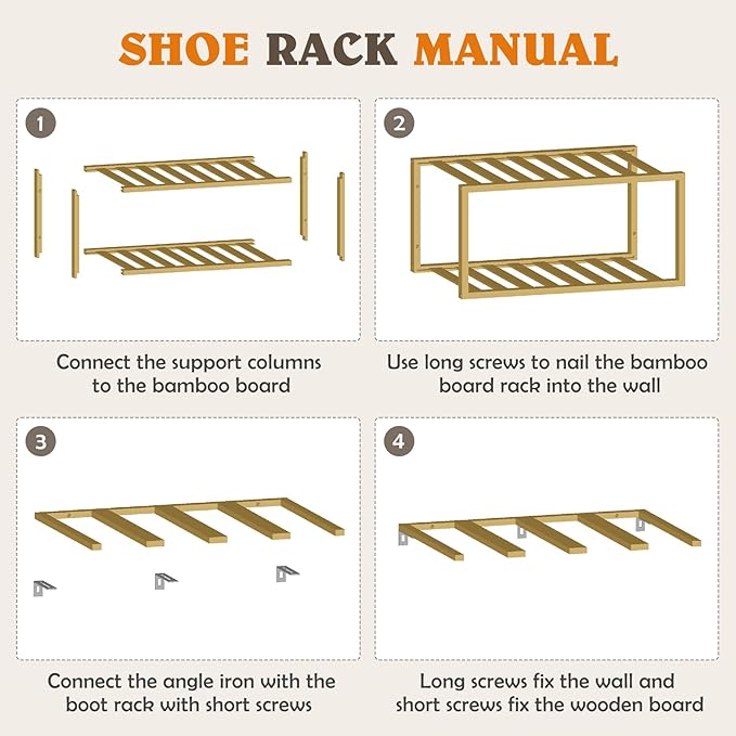 Boot Hangers Hanging Shoe Rack Wall Mounted Floating Tall Boot Holder, Bamboo Wader Organizer 3-Tier Display Shoe Rack, Holds 6 Pairs, for Entryway, Hallway, Bedroom, Garage