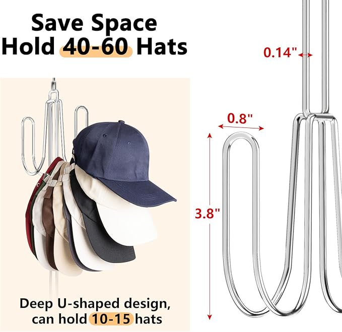 NANATI Hat Hangers for Closet, 1 Pack Stainless Steel Hat Organizer, Hat Racks for Baseball Caps, Cap Organizer for Baseball Caps, Silvery