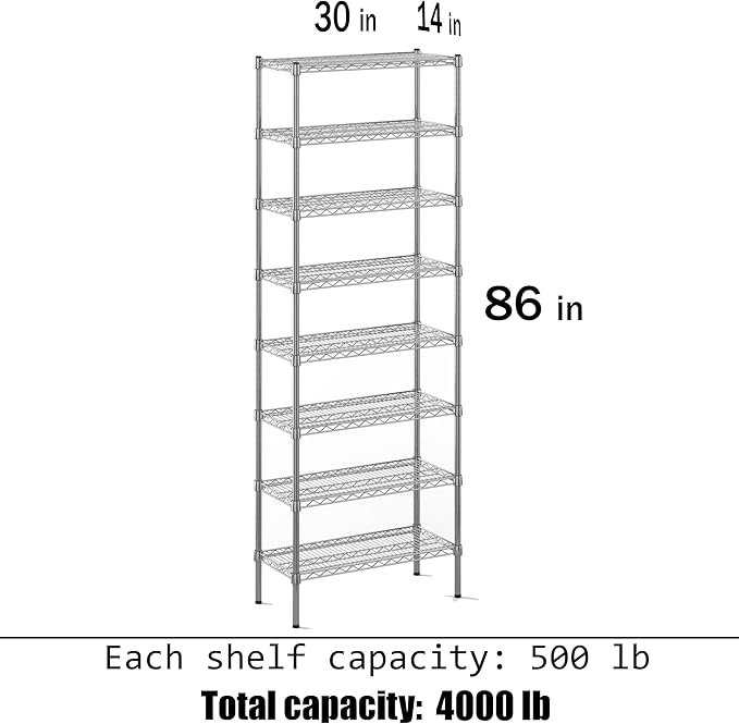 14" Deep x 30" Wide x 86" Height Wire Shelving Kit | 8-Tier | NSF Commercial Storage Rack Unit