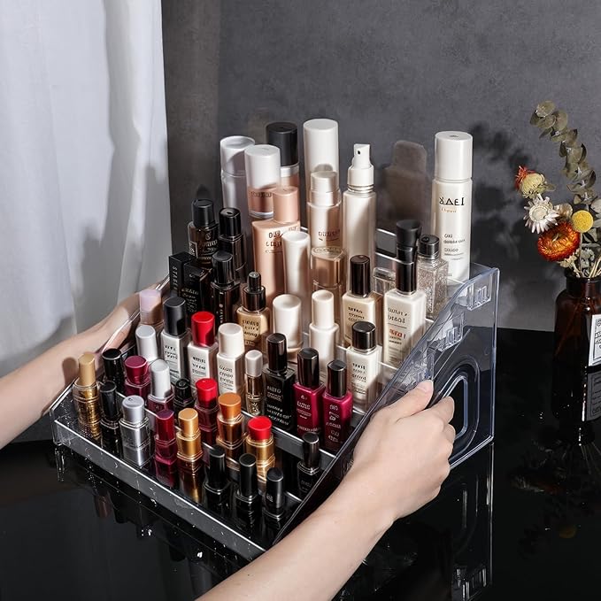 Lemecima Nail Polish Organizer 84 Bottles of 7 Layers Sunglass Organizer Acrylic Display Rack Eyeglasses Storage Essential Oils Holder Makeup Organizer No Tool Needed Assembly, Clear (2 Pack)