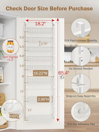 Delamu Over The Door Pantry Organizer, 8-Tier Pantry Door Organizers and Storage with Adjustable Basket, Metal Hanging Spice Rack, Seasoning Organizer, Door Organizer for Home Kitchen Bathroom, White