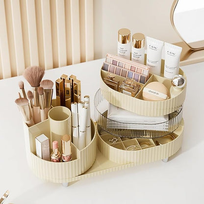 Ivory Rotating Vanity Organizer with Drawer & Brush Holder - 3 Layer Cosmetic Skincare & Perfume Storage - Countertop Makeup Display Case