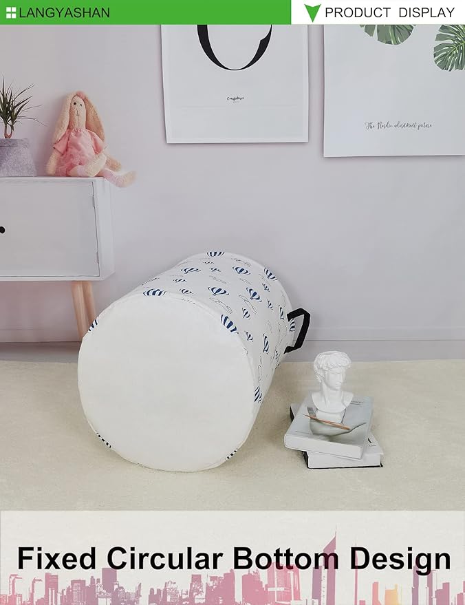 Laundry Basket Canvas Fabric Collapsible Organizer Basket for Storage Bin Toy Bins Gift Baskets Bedroom Clothes Children Nursery Hamper (Round Blue Balloon)