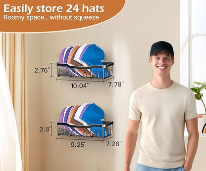 KEETDY Metal Hat Racks for Baseball Caps Wall Hat Organizer Fit 24 Caps Holder, 2 Packs Sturdy Wall Mounted Hat Storage Organizer, Black