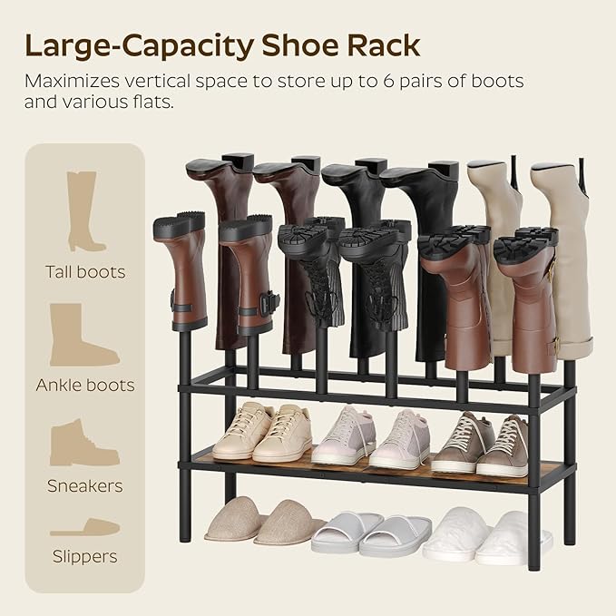 YATINEY Shoe and Boot Rack Organizer, Tall Boots Rack for Closet, Cowboy Shoes Storage, 3 Tier Shoe Racks Organizer Holds 10 Pairs, Black and Rustic Brown SS09BRY1