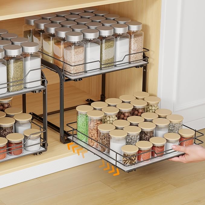Pull Out Spice Rack Organizer for Cabinet, 2 Tier Metal Seasoning Organizer Slide Out Spice Storage Shelf, Heavy Duty Vertical Spice Rack Pullout for Kitchen, with Labels, 11.5W" X 10.5"D X 9"H