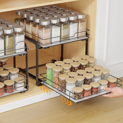 Pull Out Spice Rack Organizer for Cabinet, 2 Tier Metal Seasoning Organizer Slide Out Spice Storage Shelf, Heavy Duty Vertical Spice Rack Pullout for Kitchen, with Labels, 11.5W" X 10.5"D X 9"H