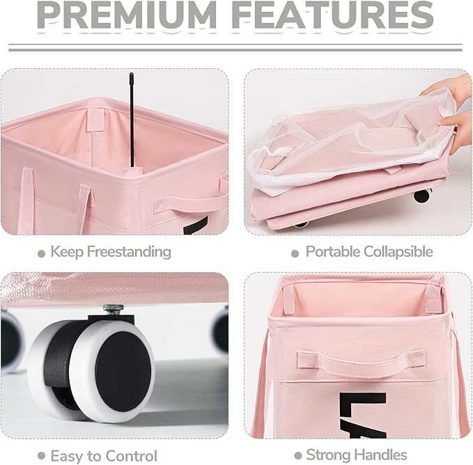 CHICVITA Slim Laundry Hamper with Wheels 75L, Collapsible Rolling Laundry Basket for Living Room, Pink Laundry Hamper for College Dorm