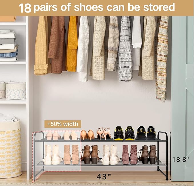 KEETDY 2-Tier Long Shoe Rack for Closet Metal Shoe Organizer for Entryway, Wide Stackable Shoe Storage Shelf with Sturdy Wire Grid for Closet Floor, Bedroom, Black