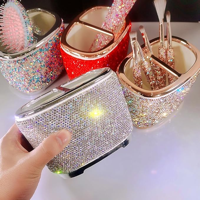 Luxury Bling Rhinestone-Embellished Makeup Organizer Box Storage – Large Capacity Cosmetic Brush Lipstick Eyebrow Pencil Storage Box and Desktop Organizer Rack (Silver)