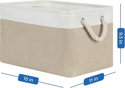 Temary Fabric Storage Baskets 4Pack Storage Bins Decorative Basket for Gift, Clothes Bin with Rope Handle, Rectangle Baskets for Storage, Blankets(White&Khaki,15x11x9.5 inch)