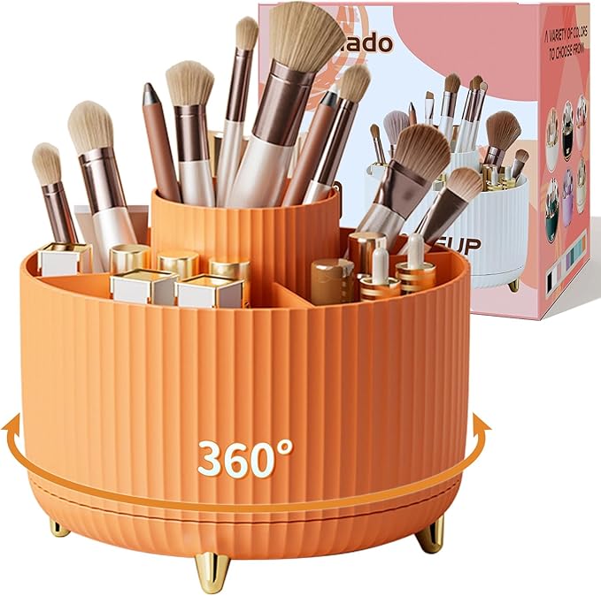 fanado 360° Rotate Makeup Brush Holder Organizer, Makeup Organizers Countertop, Makeup organization and Skincare Storage for Vanity, Desktop, Bathroom (Orange)