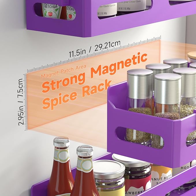 Sevenblue 4 Pack Strong Magnetic Spice Rack for Refrigerator, Multipurpose Magnetic Shelf for Fridge with 4 Hooks for kitchen and Bathroom Organization, Purple