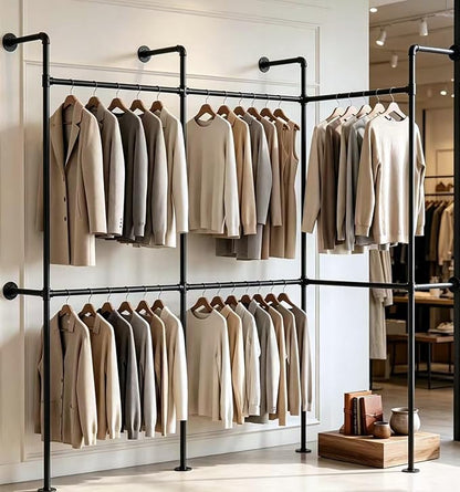 Industrial Pipe Black Clothing Racks Wall Mounted, Rustic Industrial Pipe Clothes Rack Design - Stylish & Heavy Duty Corner Garment Racks, Perfect for Home or Retail Display
